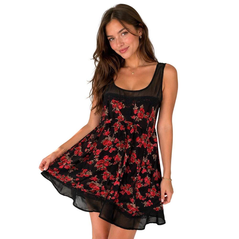 Bar III Floral Babydoll Dress Large Black Red Sheer Sleeveless Boho Mini Dress